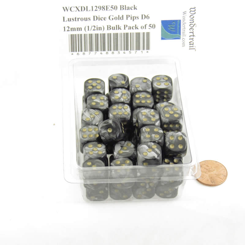 WCXDL1298E50 Black Lustrous Dice Gold Pips D6 12mm (1/2in) Bulk Pack of 50 (ONLINE ORDER ONLY)
