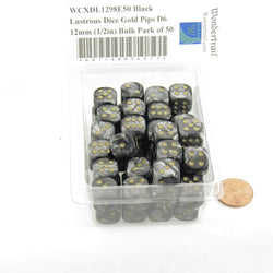 WCXDL1298E50 Black Lustrous Dice Gold Pips D6 12mm (1/2in) Bulk Pack of 50 (ONLINE ORDER ONLY)