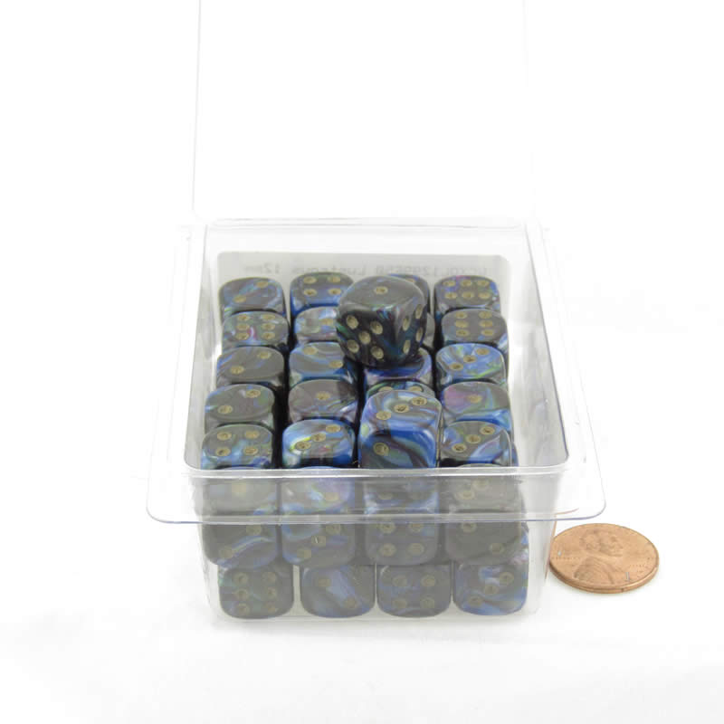 WCXDL1299E50 Shadow Lustrous Dice Gold Pips D6 12mm (1/2in) Bulk Pack of 50 (ONLINE ORDER ONLY)
