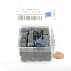WCXDL1299E50 Shadow Lustrous Dice Gold Pips D6 12mm (1/2in) Bulk Pack of 50 (ONLINE ORDER ONLY)