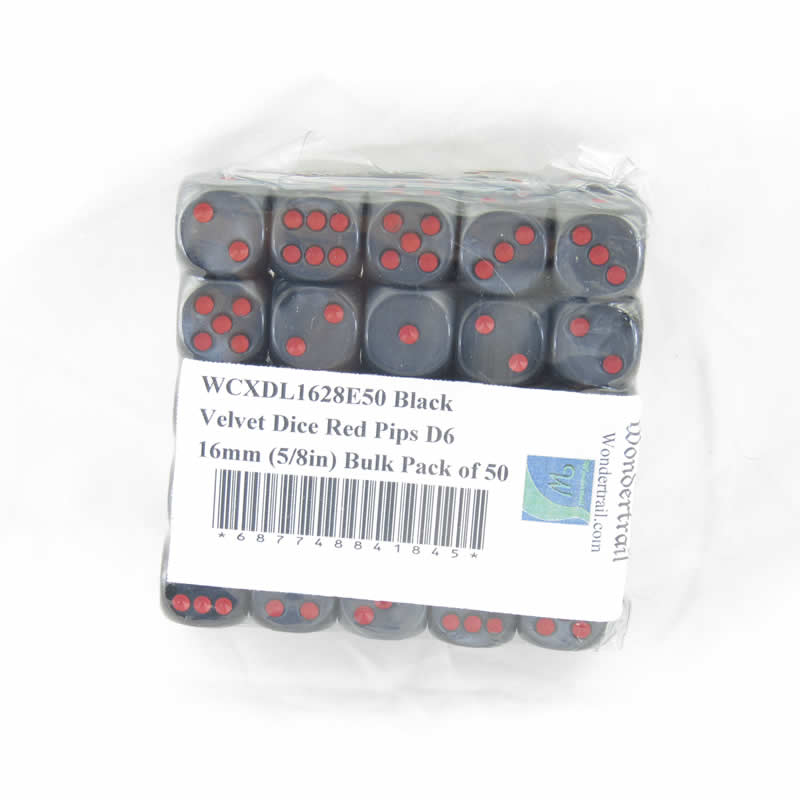 WCXDL1628E50 Black Velvet Dice Red Pips D6 16mm (5/8in) Bulk Pack of 50 (ONLINE ORDER ONLY)