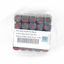 WCXDL1628E50 Black Velvet Dice Red Pips D6 16mm (5/8in) Bulk Pack of 50 (ONLINE ORDER ONLY)