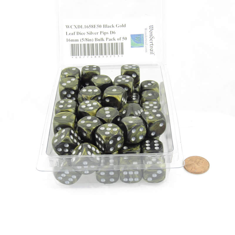 WCXDL1658E50 Black Gold Leaf Dice Silver Pips D6 16mm (5/8in) Bulk Pack of 50 (ONLINE ORDER ONLY)