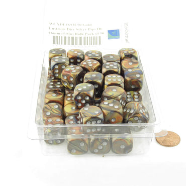 WCXDL1693E50 Gold Lustrous Dice Silver Pips D6 16mm (5/8in) Bulk Pack of 50 (ONLINE ORDER ONLY)