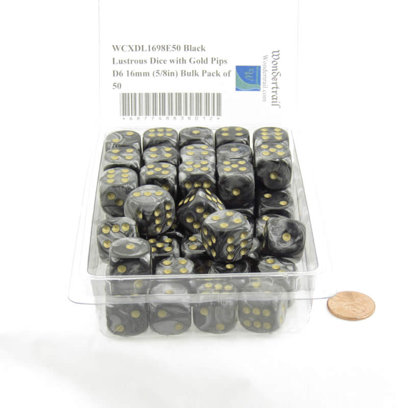WCXDL1698E50 Black Lustrous Dice with Gold Pips D6 16mm (5/8in) Bulk Pack of 50 (ONLINE ORDER ONLY)