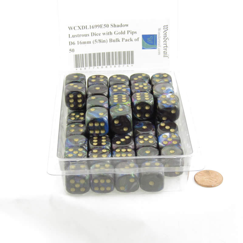 WCXDL1699E50 Shadow Lustrous Dice with Gold Pips D6 16mm (5/8in) Bulk Pack of 50 (ONLINE ORDER ONLY)