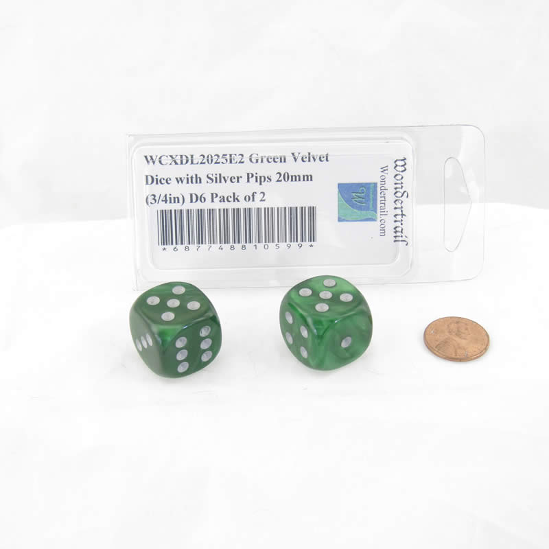 WCXDL2025E2 Green Velvet Dice with Silver Pips 20mm (3/4in) D6 Pack of 2 (ONLINE ORDER ONLY)
