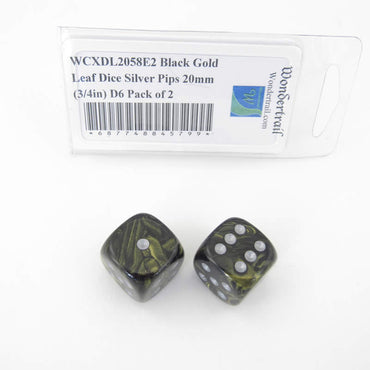 WCXDL2058E2 Black Gold Leaf Dice Silver Pips 20mm (3/4in) D6 Pack of 2 (ONLINE ORDER ONLY)