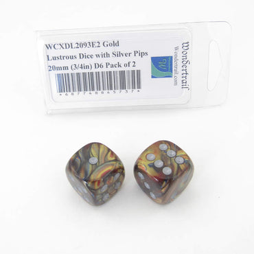 WCXDL2093E2 Gold Lustrous Dice with Silver Pips 20mm (3/4in) D6 Pack of 2 (ONLINE ORDER ONLY)
