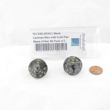 WCXDL2098E2 Black Lustrous Dice with Gold Pips 20mm (3/4in) D6 Pack of 2 (ONLINE ORDER ONLY)