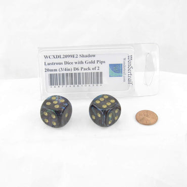 WCXDL2099E2 Shadow Lustrous Dice with Gold Pips 20mm (3/4in) D6 Pack of 2 (ONLINE ORDER ONLY)