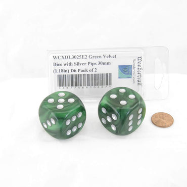 WCXDL3025E2 Green Velvet Dice with Silver Pips 30mm (1.18in) D6 Pack of 2 (ONLINE ORDER ONLY)