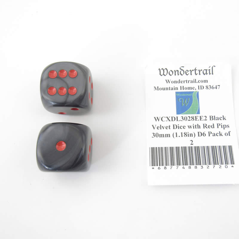 WCXDL3028EE2 Black Velvet Dice with Red Pips 30mm (1.18in) D6 Pack of 2 (ONLINE ORDER ONLY)