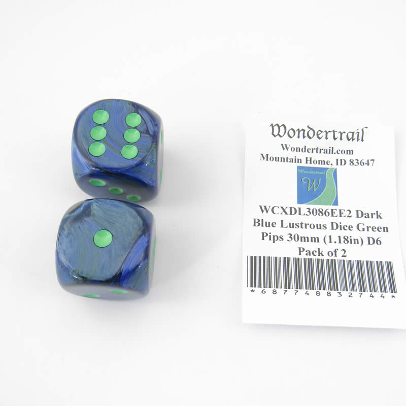 WCXDL3086EE2 Dark Blue Lustrous Dice Green Pips 30mm (1.18in) D6 Pack of 2 (ONLINE ORDER ONLY)