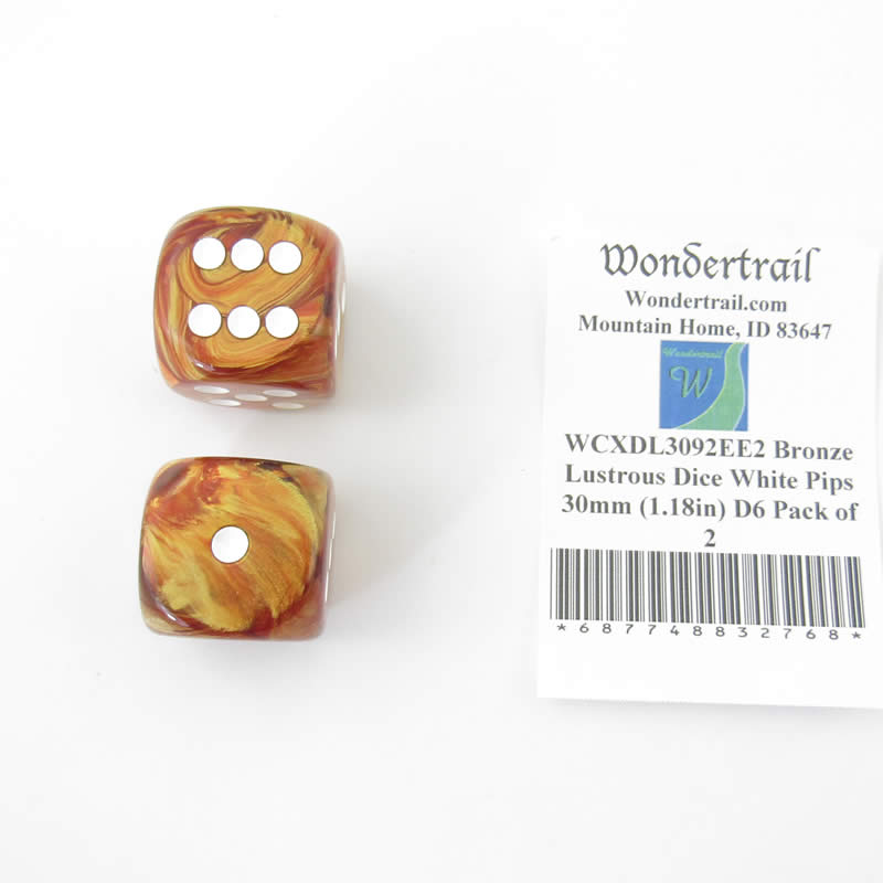 WCXDL3092EE2 Bronze Lustrous Dice White Pips 30mm (1.18in) D6 Pack of 2 (ONLINE ORDER ONLY)