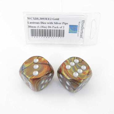 WCXDL3093EE2 Gold Lustrous Dice with Silver Pips 30mm (1.18in) D6 Pack of 2 (ONLINE ORDER ONLY)