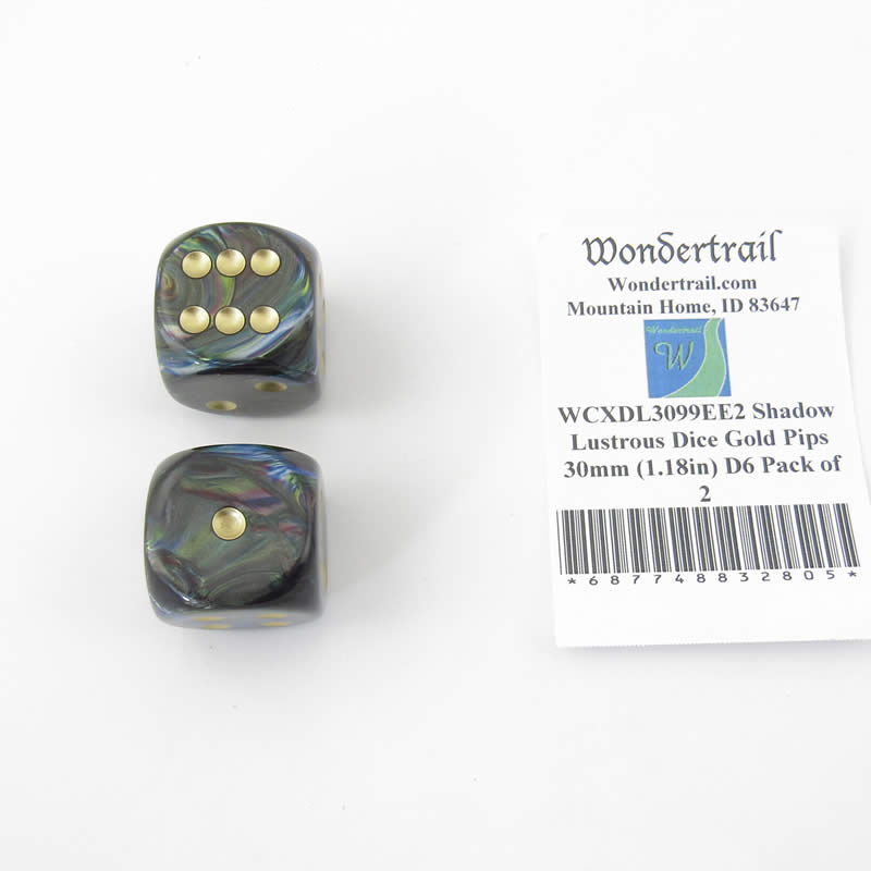 WCXDL3099EE2 Shadow Lustrous Dice Gold Pips 30mm (1.18in) D6 Pack of 2 (ONLINE ORDER ONLY)