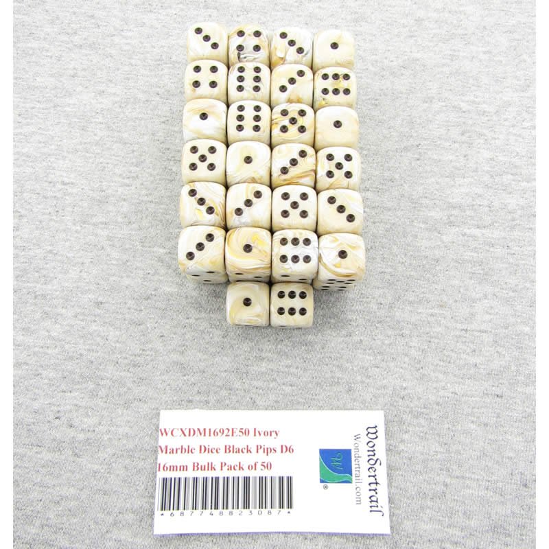 WCXDM1692E50 Ivory Marble Dice Black Pips D6 16mm Bulk Pack of 50 (ONLINE ORDER ONLY)