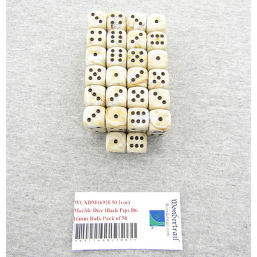 WCXDM1692E50 Ivory Marble Dice Black Pips D6 16mm Bulk Pack of 50 (ONLINE ORDER ONLY)