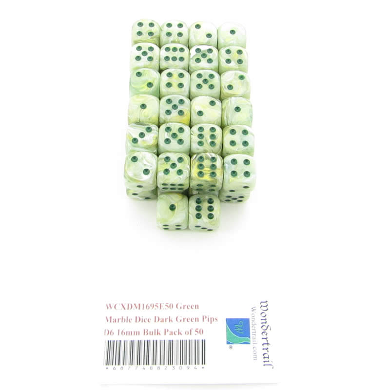 WCXDM1695E50 Green Marble Dice Dark Green Pips D6 16mm Bulk Pack of 50 (ONLINE ORDER ONLY)