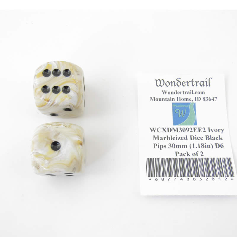 WCXDM3092EE2 Ivory Marbleized Dice Black Pips 30mm (1.18in) D6 Pack of 2 (ONLINE ORDER ONLY)
