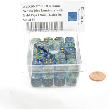 WCXDN1256E50 Oceanic Nebula Dice Luminary with Gold Pips 12mm (1/2in) D6 Set of 50 (ONLINE ORDER ONLY)