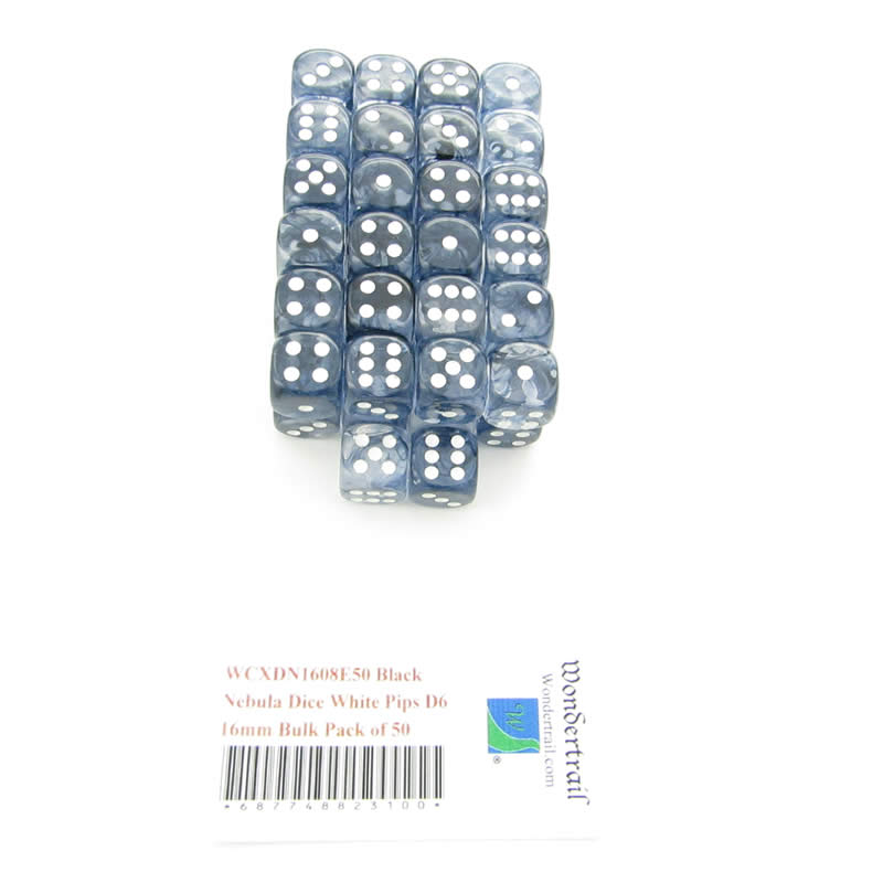 WCXDN1608E50 Black Nebula Dice White Pips D6 16mm Bulk Pack of 50 (ONLINE ORDER ONLY)