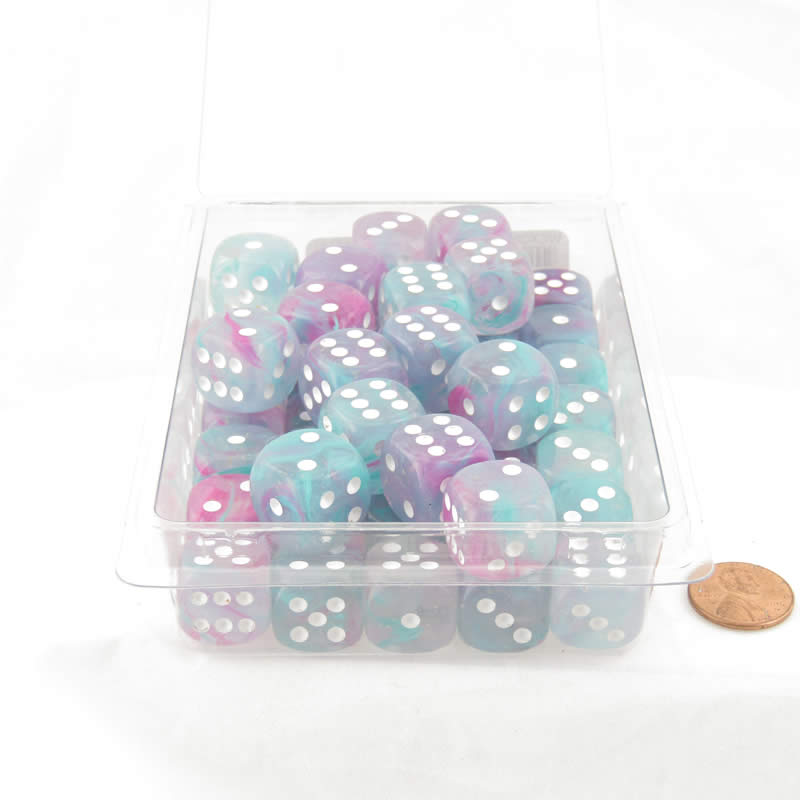 WCXDN1645E50  Wisteria Nebula Luminary Dice White Pips 16mm (5/8in) D6 Set of 50 (ONLINE ORDER ONLY)