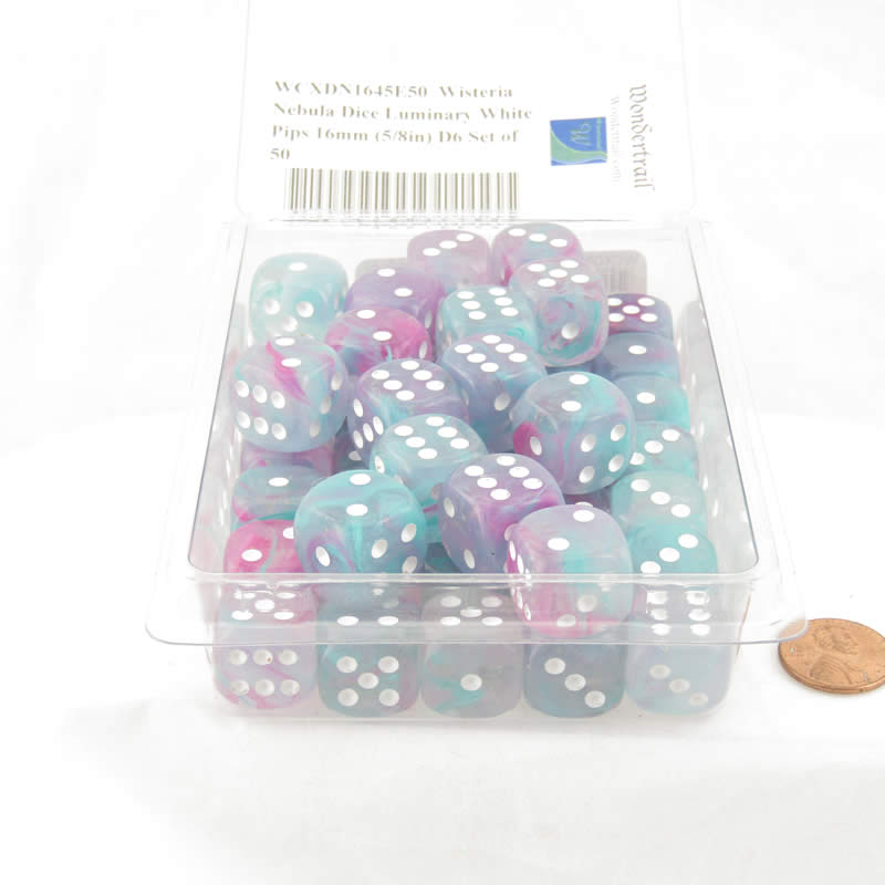 WCXDN1645E50  Wisteria Nebula Luminary Dice White Pips 16mm (5/8in) D6 Set of 50 (ONLINE ORDER ONLY)