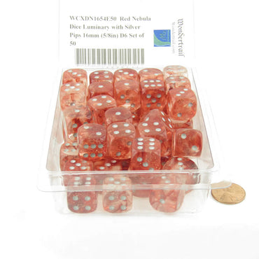 WCXDN1654E50 Red Nebula Dice Luminary with Silver Pips 16mm (5/8in) D6 Set of 50 (ONLINE ORDER ONLY)