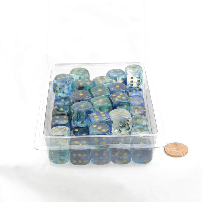 WCXDN1656E50 Oceanic Nebula Dice Luminary with Gold Pips 16mm (5/8in) D6 Set of 50 (ONLINE ORDER ONLY)