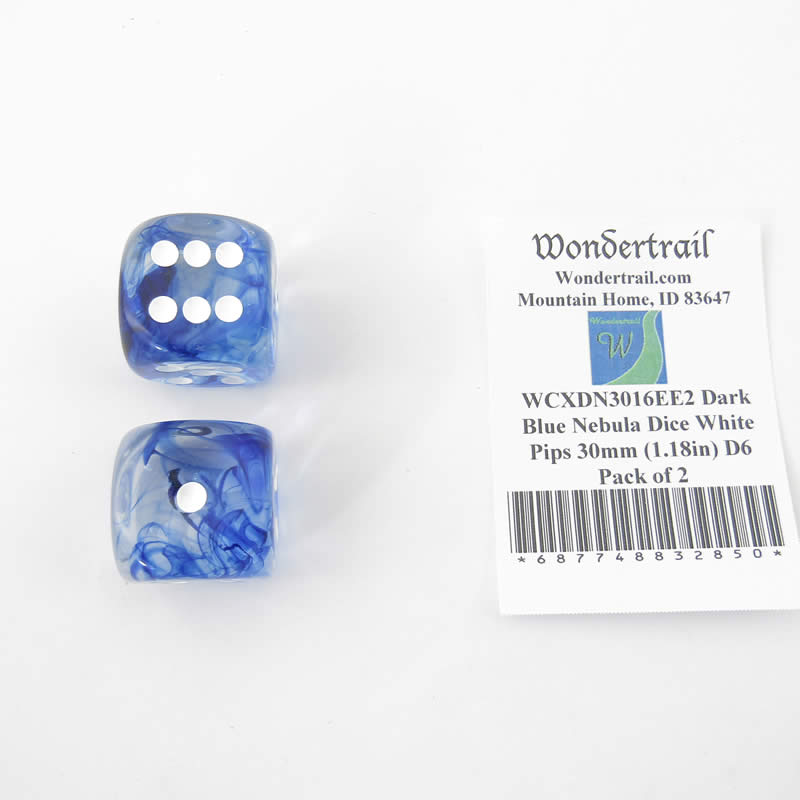 WCXDN3016EE2 Dark Blue Nebula Dice White Pips 30mm (1.18in) D6 Pack of 2 (ONLINE ORDER ONLY)