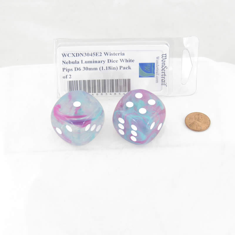 WCXDN3045E2 Wisteria Nebula Luminary Dice White Pips D6 30mm (1.18in) Pack of 2 (ONLINE ORDER ONLY)