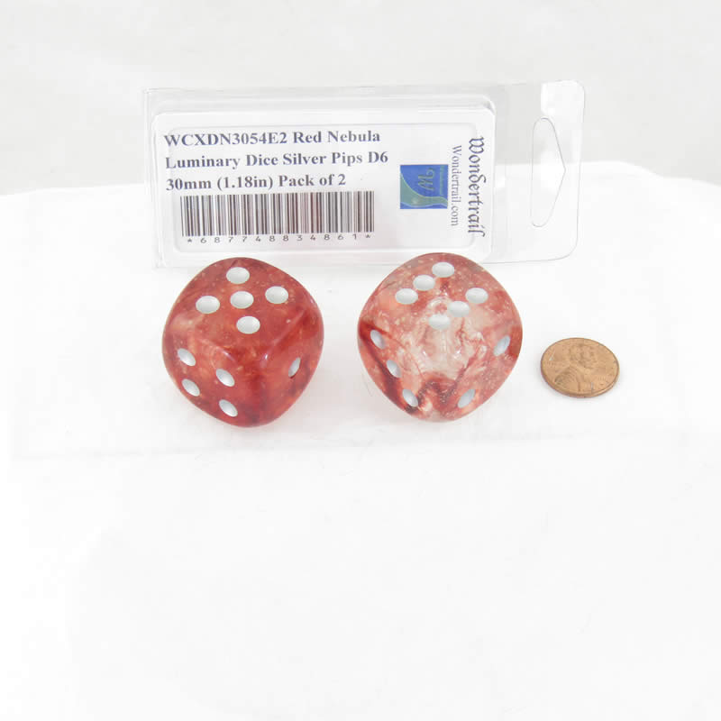 WCXDN3054E2 Red Nebula Luminary Dice Silver Pips D6 30mm (1.18in) Pack of 2 (ONLINE ORDER ONLY)
