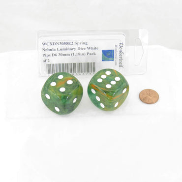 WCXDN3055E2 Spring Nebula Luminary Dice White Pips D6 30mm (1.18in) Pack of 2 (ONLINE ORDER ONLY)