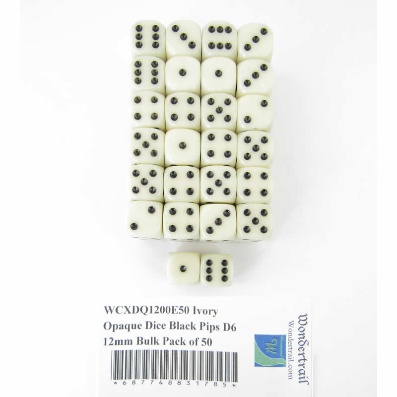 WCXDQ1200E50 Ivory Opaque Dice Black Pips D6 12mm Bulk Pack of 50 (ONLINE ORDER ONLY)
