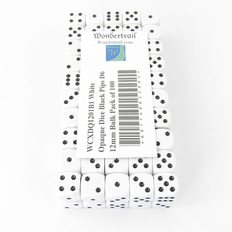 WCXDQ1201B1 White Opaque Dice Black Pips D6 12mm Bulk Pack of 100 (ONLINE ORDER ONLY)