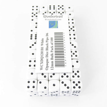WCXDQ1201B1 White Opaque Dice Black Pips D6 12mm Bulk Pack of 100 (ONLINE ORDER ONLY)