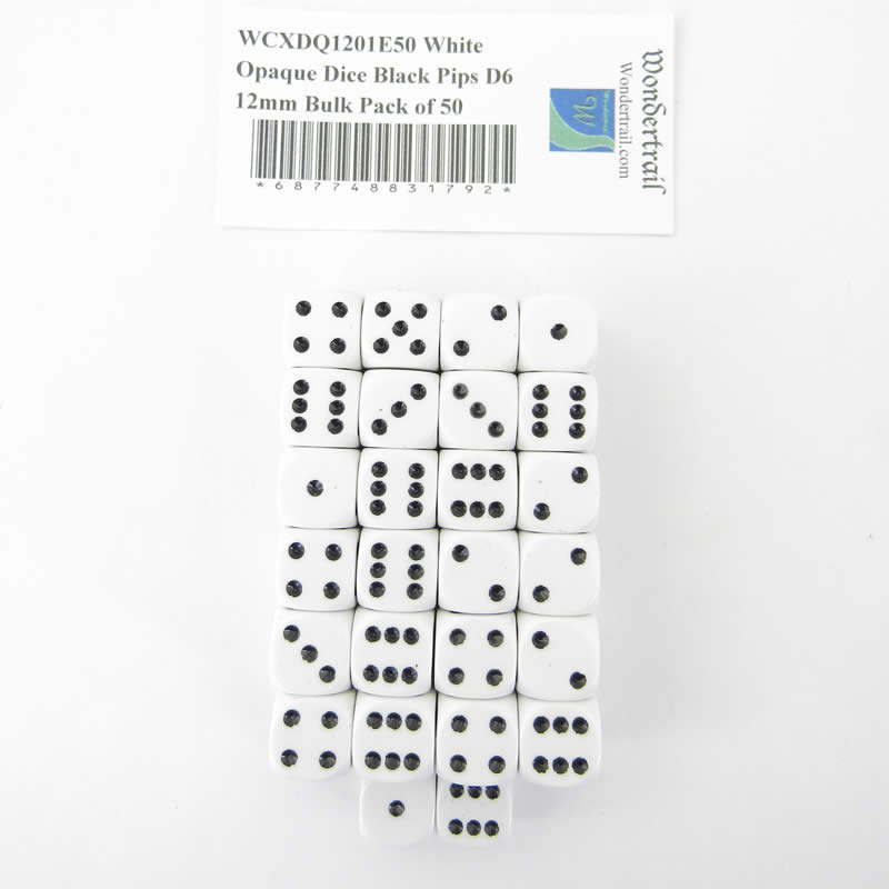 WCXDQ1201E50 White Opaque Dice Black Pips D6 12mm Bulk Pack of 50 (ONLINE ORDER ONLY)