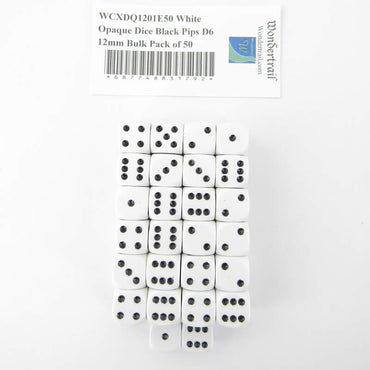 WCXDQ1201E50 White Opaque Dice Black Pips D6 12mm Bulk Pack of 50 (ONLINE ORDER ONLY)