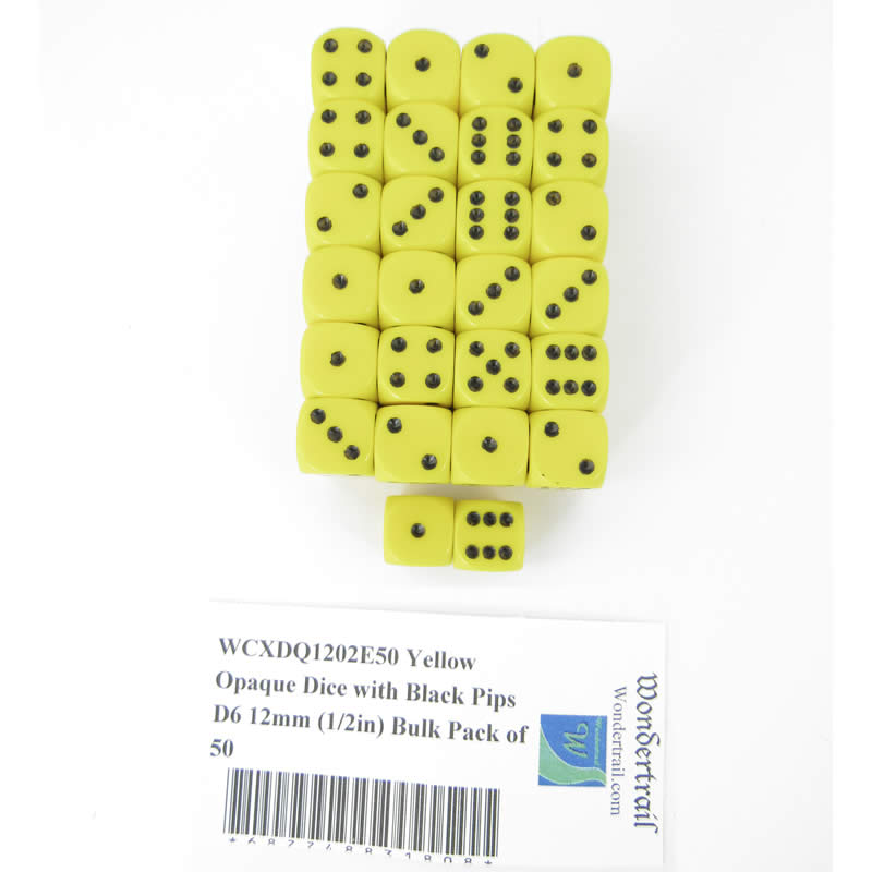 WCXDQ1202E50 Yellow Opaque Dice with Black Pips D6 12mm (1/2in) Bulk Pack of 50 (ONLINE ORDER ONLY)