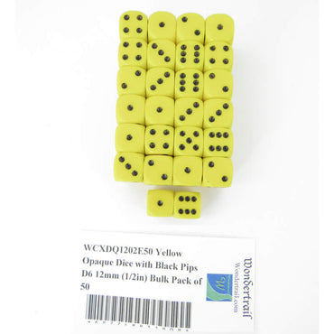 WCXDQ1202E50 Yellow Opaque Dice with Black Pips D6 12mm (1/2in) Bulk Pack of 50 (ONLINE ORDER ONLY)
