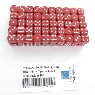WCXDQ1204B1 Red Opaque Dice White Pips D6 12mm Bulk Pack of 100 (ONLINE ORDER ONLY)
