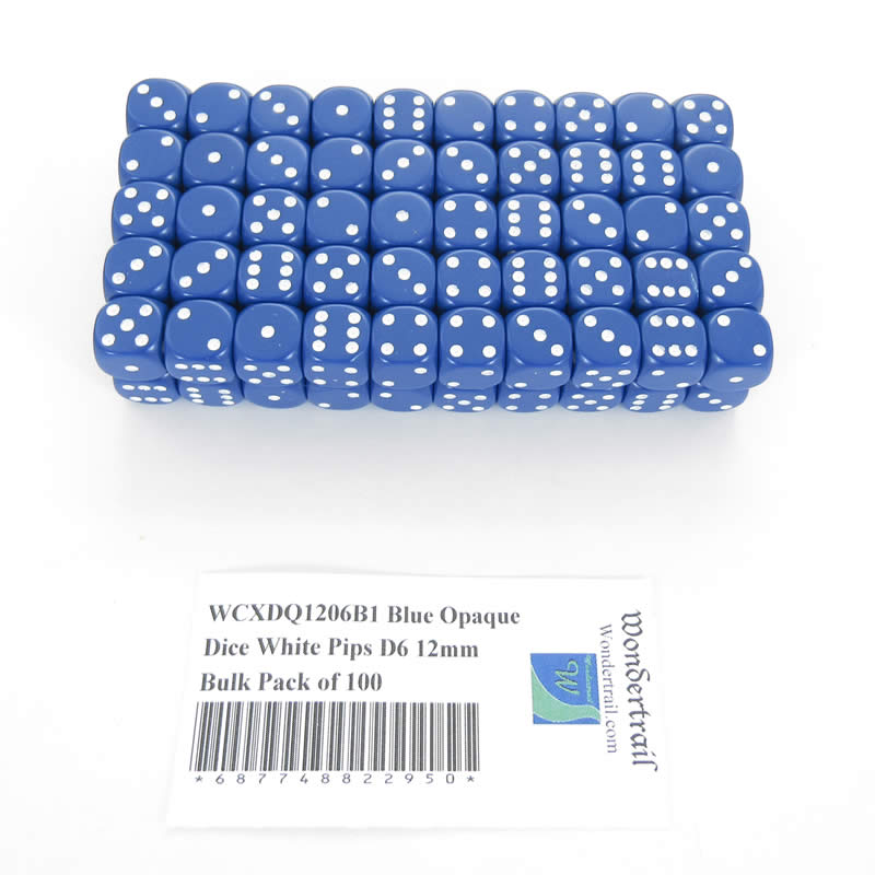 WCXDQ1206B1 Blue Opaque Dice White Pips D6 12mm Bulk Pack of 100 (ONLINE ORDER ONLY)