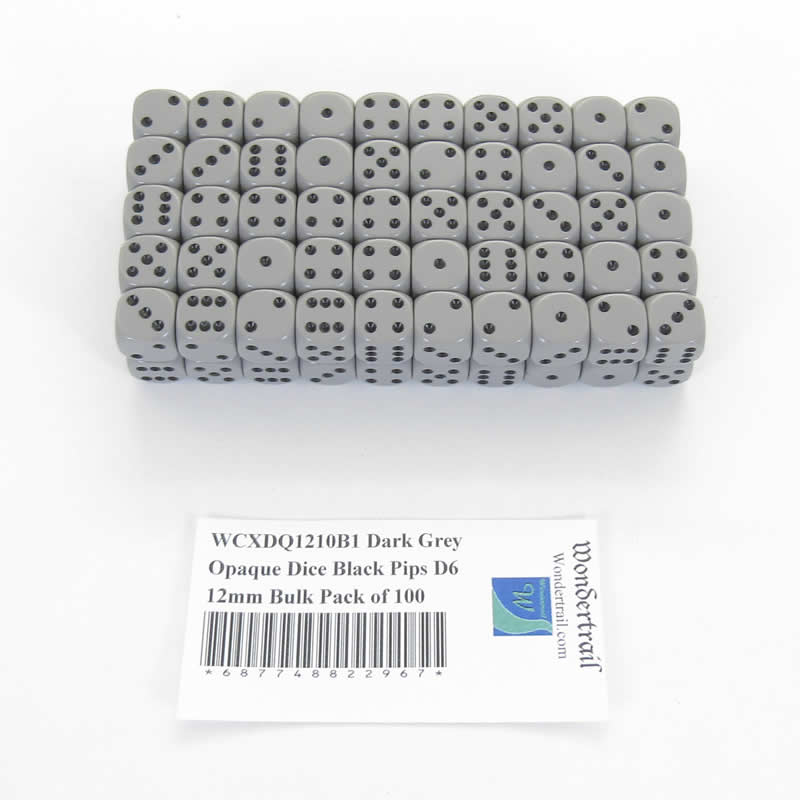 WCXDQ1210B1 Dark Grey Opaque Dice Black Pips D6 12mm Bulk Pack of 100 (ONLINE ORDER ONLY)