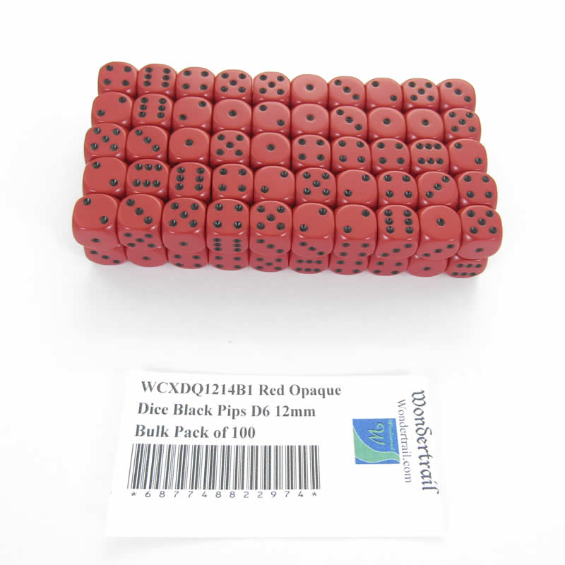 WCXDQ1214B1 Red Opaque Dice Black Pips D6 12mm Bulk Pack of 100 (ONLINE ORDER ONLY)