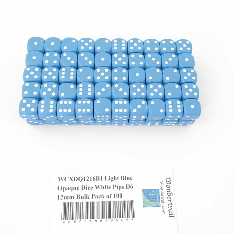WCXDQ1216B1 Light Blue Opaque Dice White Pips D6 12mm Bulk Pack of 100 (ONLINE ORDER ONLY)