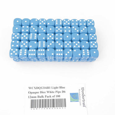 WCXDQ1216B1 Light Blue Opaque Dice White Pips D6 12mm Bulk Pack of 100 (ONLINE ORDER ONLY)