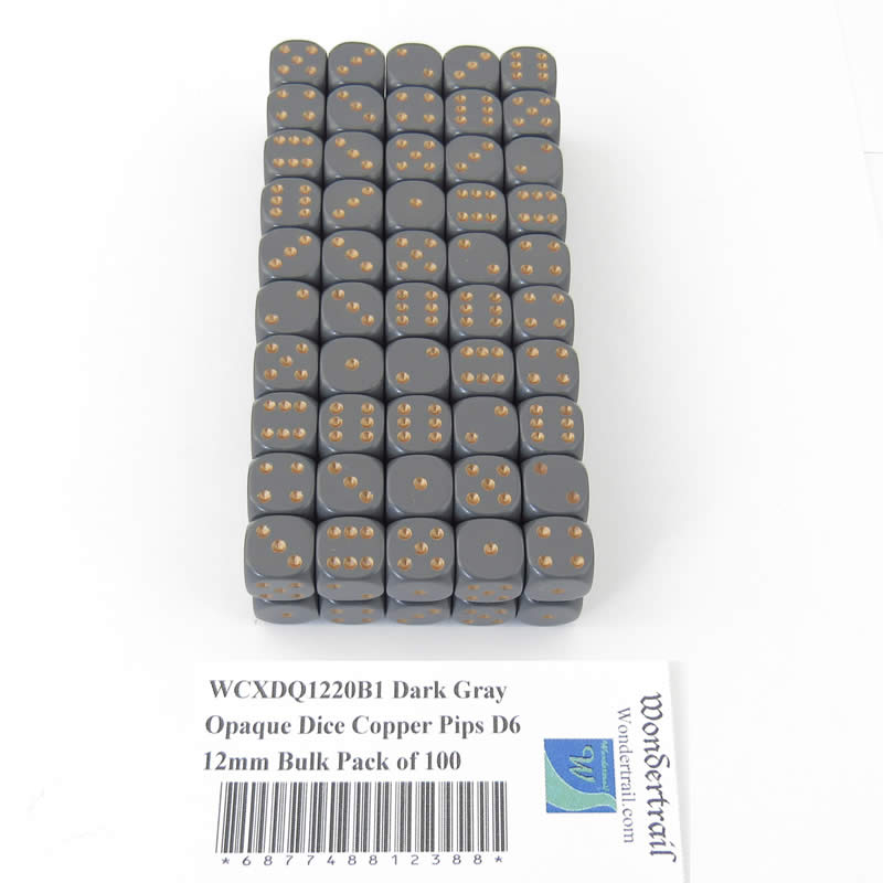 WCXDQ1220B1 Dark Gray Opaque Dice Copper Pips D6 12mm Bulk Pack of 100 (ONLINE ORDER ONLY)