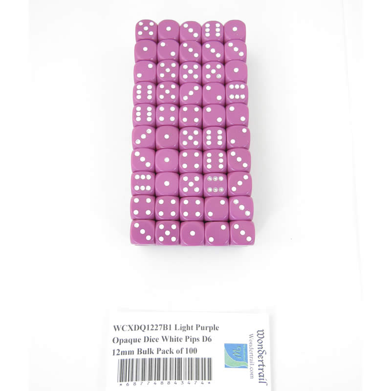 WCXDQ1227B1 Light Purple Opaque Dice White Pips D6 12mm Bulk Pack of 100 (ONLINE ORDER ONLY)